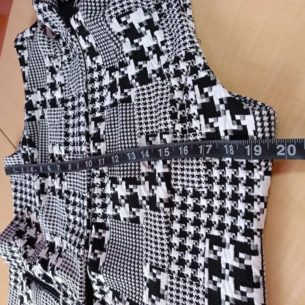 Woman's open sleeveless blazer cardigan houndstooth black white collar Large - Picture 11 of 15